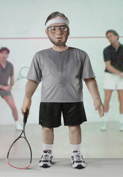 sculpture of doll in corporate america that has been digitally dressed up in racquetball outfit