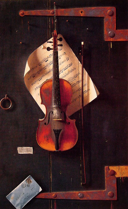 old violin trompe l'oeil painting by william harnett